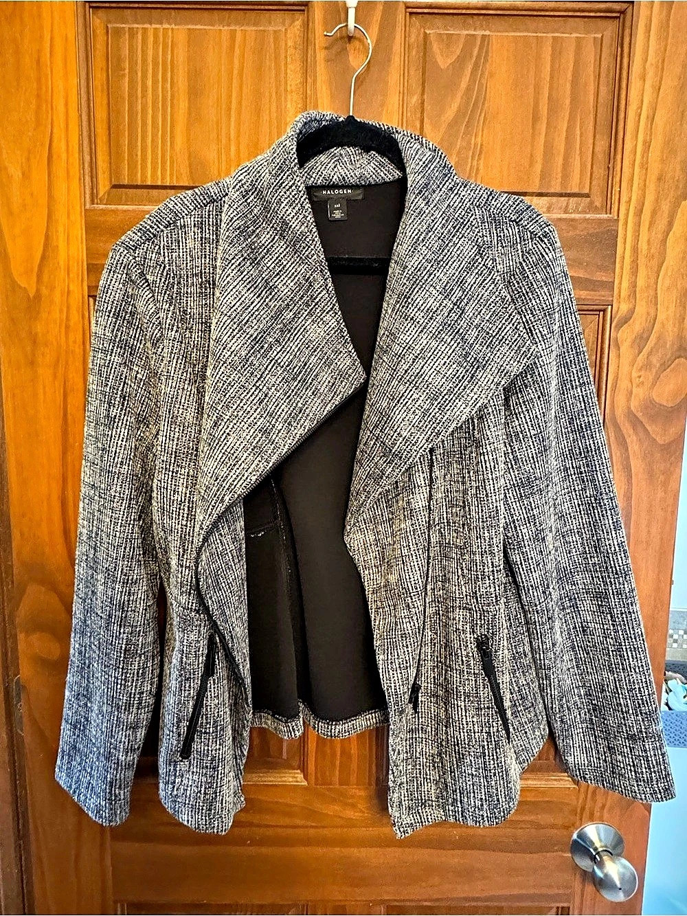 NWOT Halogen Asymmetrical Moto Jacket XXL Black White Knit